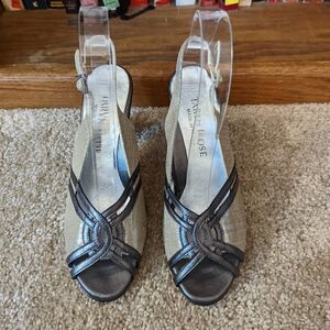 𝅺taryn rose peeptoe slingback gold and brown leather heels sz 36 euc